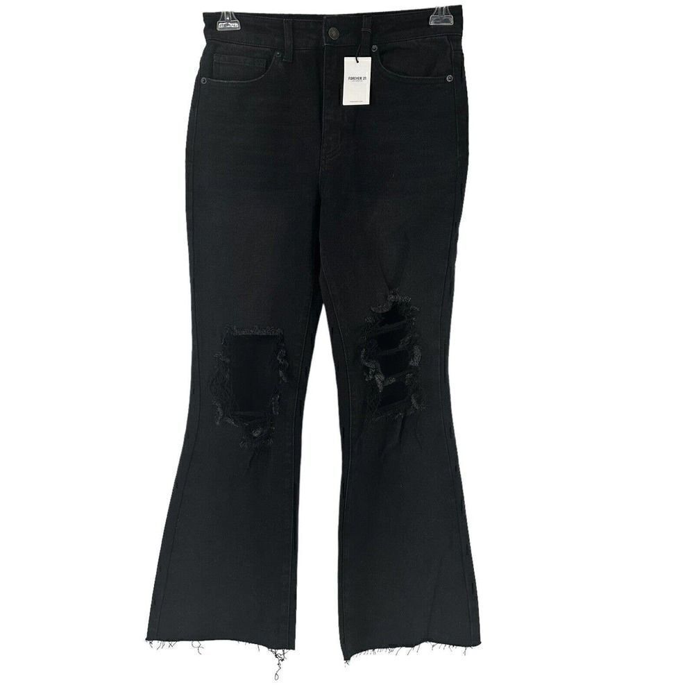 High Rise Distressed Flare Crop Jeans Black Denim Womens Size 30 Forever 21 NEW